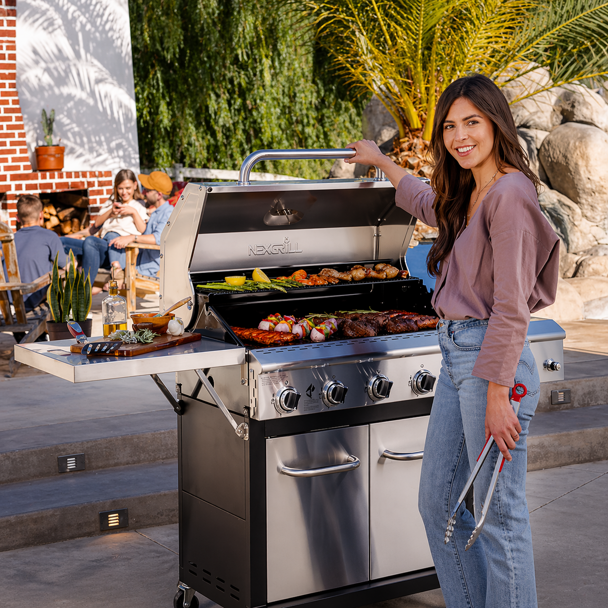 5-Burner Propane Gas Grill in Stainless Steel with Side Burner and Foldable Side Shelf