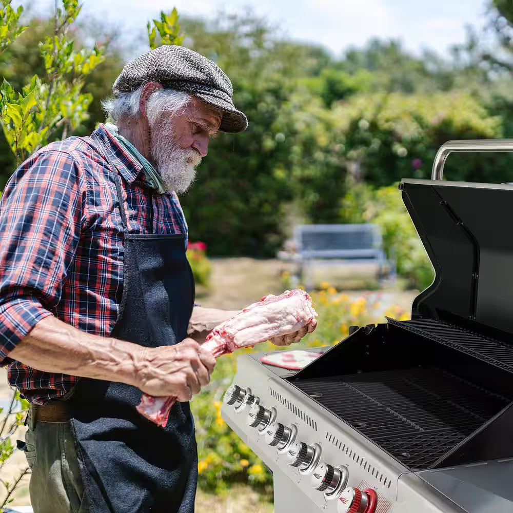 6 Burner Propane Gas Grill with Sear Burner and Side Burner, Cabinet Style, Silver