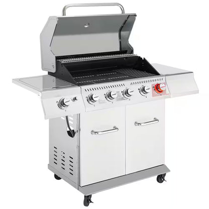 6 Burner Propane Gas Grill with Sear Burner and Side Burner, Cabinet Style, Silver