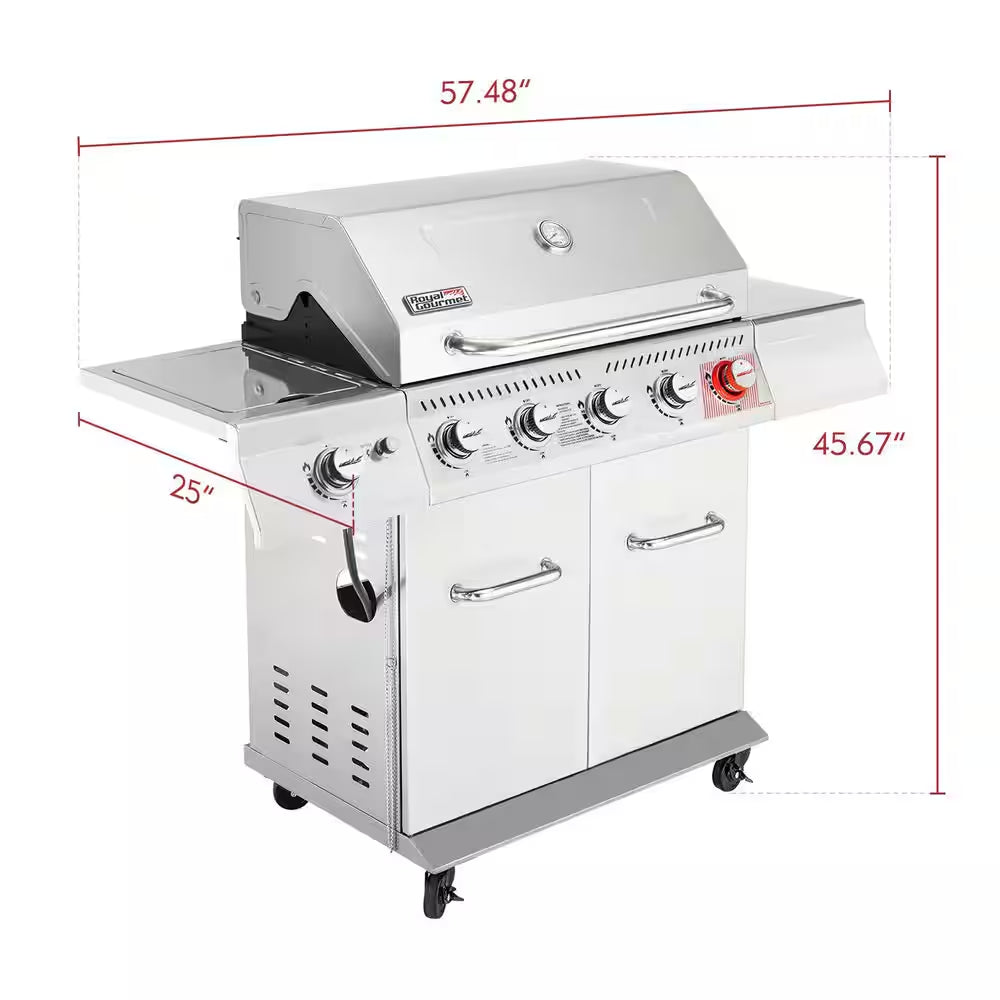 6 Burner Propane Gas Grill with Sear Burner and Side Burner, Cabinet Style, Silver