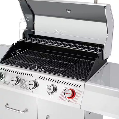 6 Burner Propane Gas Grill with Sear Burner and Side Burner, Cabinet Style, Silver