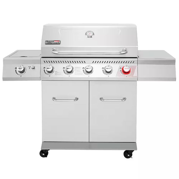 6 Burner Propane Gas Grill with Sear Burner and Side Burner, Cabinet Style, Silver
