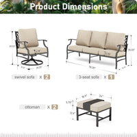 7-Seater Patio Conversation Set Metal Outdoor Furniture Set with Swivel Chairs and Ottomans - Beige