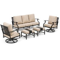 7-Seater Patio Conversation Set Metal Outdoor Furniture Set with Swivel Chairs and Ottomans - Beige — Studio Shot